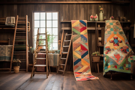 vintage quilts displayed on rustic wooden ladder, created with generative aiの素材