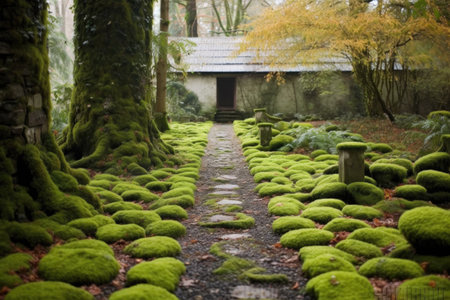 moss-covered stones amidst carefully raked gravel, created with generative aiの素材