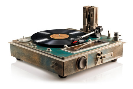vintage turntable with spinning vinyl record, created with generative aiの素材
