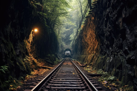 old railroad tracks disappearing into a dark tunnel, created with generative aiの素材