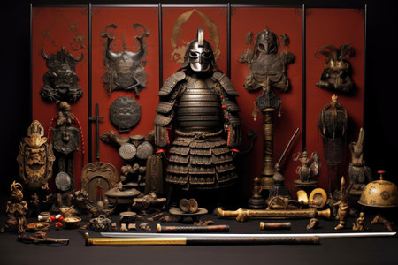 artful arrangement of samurai weapons and armor, created with generative aiの素材