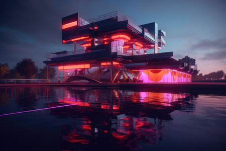 futuristic architecture with neon lights reflecting on water, created with generative aiの素材