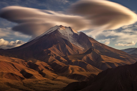 lenticular clouds casting dramatic shadows on a rugged mountain landscape, created with generative aiの素材