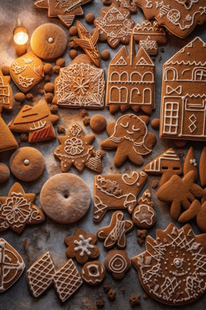 handmade gingerbread cookies in various shapes, created with generative aiの素材