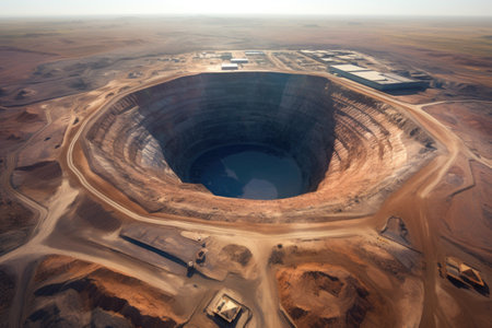 aerial view of a massive open-pit mine in a desolate landscape, created with generative aiの素材