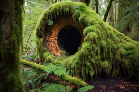 hollowed-out redwood tree trunk with moss and fungi, created with generative aiの素材