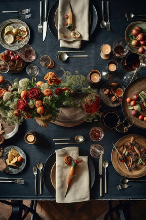 overhead view of a table set for a dinner party, created with generative aiの素材