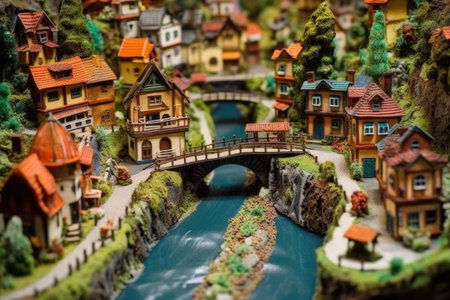miniature village with a river flowing through and tiny bridges, created with generative aiの素材