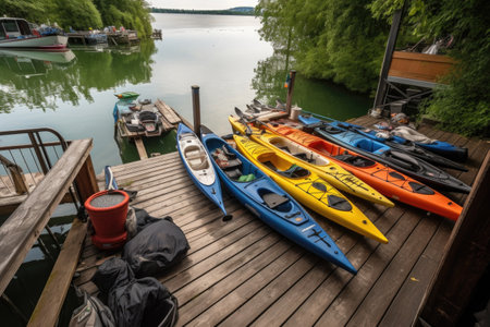 a collection of kayaks, canoes, and sups on a dock, created with generative aiの素材