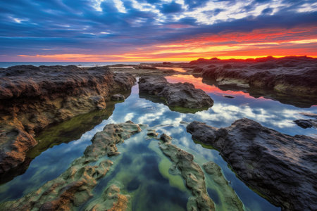 vibrant sunset colors reflecting on a beach tide pool, created with generative aiの素材