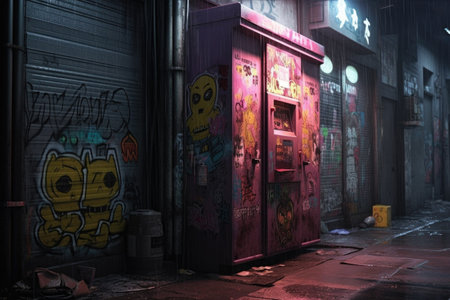 cyberpunk-themed vending machines in a dark alley, created with generative aiの素材