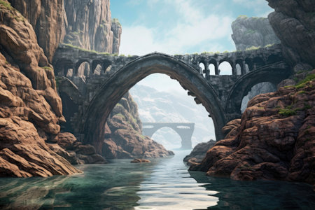 stone archway bridge connecting two remote cliffs, created with generative aiの素材