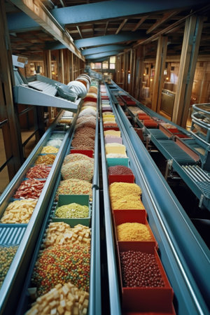 conveyor belt with packaged goods in factory, created with generative aiの素材