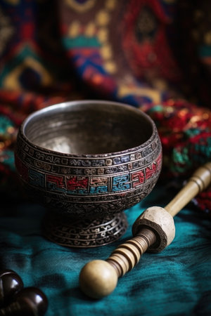 close-up of a tibetan singing bowl and mallet, created with generative aiの素材