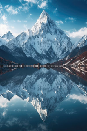 snow-capped mountain peaks reflecting on a clear lake, created with generative aiの素材
