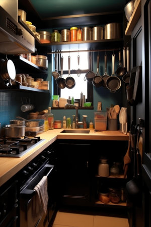 compact kitchen with neatly organized utensils, created with generative aiの素材