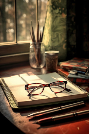 open notebook with pen and glasses on desk, created with generative aiの素材