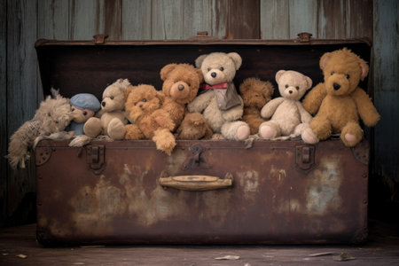 weathered teddy bears sitting on an old trunk, created with generative aiの素材