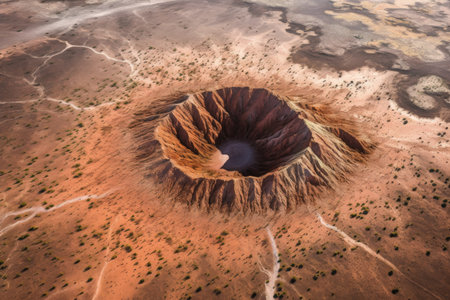 aerial view of a large meteor crater surrounded by scorched earth, created with generative aiの素材
