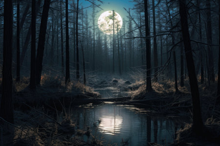 supermoon illuminating dark forest, created with generative aiの素材