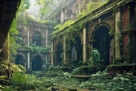 ancient ruins covered in lush jungle foliage, created with generative aiの素材