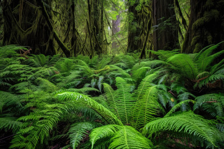 redwood forest floor covered in ferns, created with generative aiの素材
