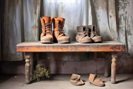 vintage leather boots on a weathered bench, created with generative aiの素材