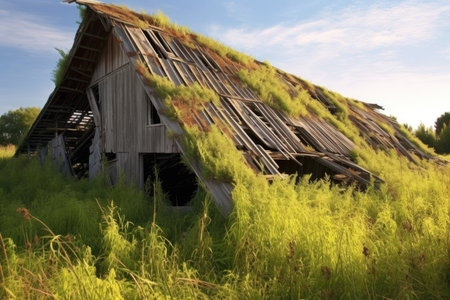 collapsed roof of a weathered barn surrounded by tall grass, created with generative aiの素材