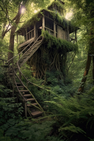 treehouse hidden among the foliage in a dense forest, created with generative aiの素材