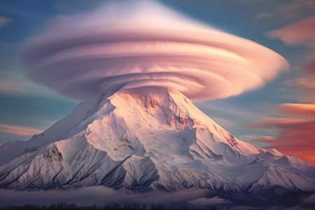 unique lenticular clouds formation above a snowy mountain peak, created with generative aiの素材