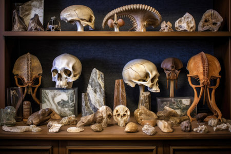 collection of various prehistoric fossils on display, created with generative aiの素材