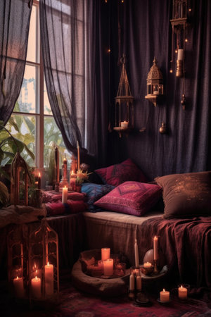 a cozy meditation corner with cushions, candles, and incense, created with generative aiの素材