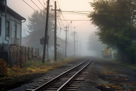 foggy morning scene with tracks fading into mist, created with generative aiの素材