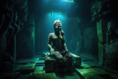 eerily lit stone statue in a deep underwater cave, created with generative aiの素材