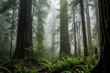 foggy morning in a redwood forest, highlighting size, created with generative aiの素材