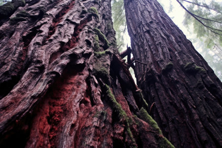 low-angle view of redwood tree bark texture, created with generative aiの素材