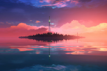 reflection of 5g tower on calm water surface, created with generative aiの素材