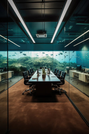 an office with glass walls showing a meeting setup, created with generative aiの素材