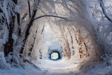 snowy tree tunnel with a picturesque path, created with generative aiの素材