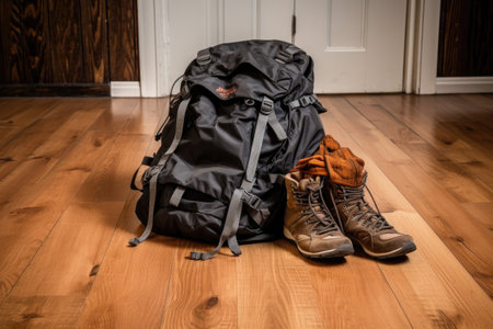 a backpack and hiking boots on a wooden floor, created with generative aiの素材