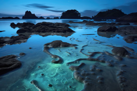 bioluminescent foam swirling in a tidal pool at low tide, created with generative aiの素材