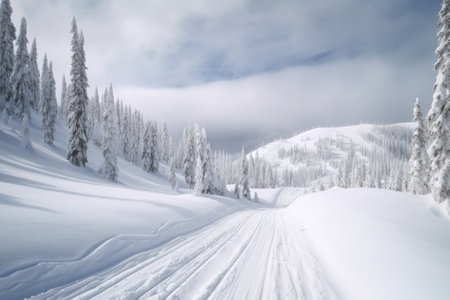 fresh snowfall on a ski slope with untouched powder, created with generative aiの素材