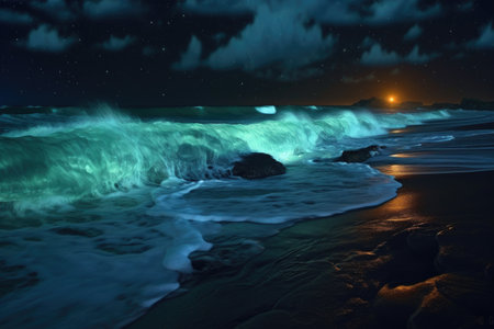 waves crashing on beach, illuminating bioluminescent glow, created with generative aiの素材