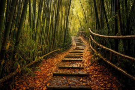 bamboo forest path with fallen leaves, created with generative aiの素材