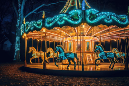 whimsical carousel horses with glowing lights at night, created with generative aiの素材