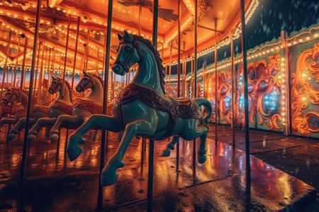 glowing carousel horses under carnival night lights, created with generative aiの素材
