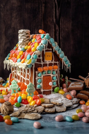 homemade gingerbread house with candy decorations, created with generative aiの素材