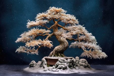 bonsai tree with snow-covered branches during winter season, created with generative aiの素材