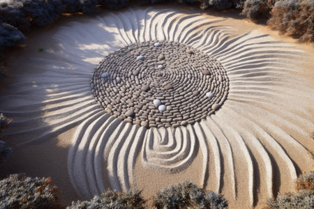 top view of a circular sand pattern in a zen garden, created with generative aiの素材