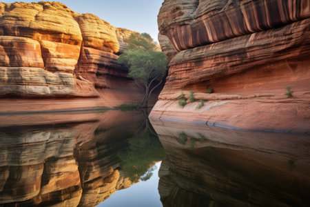 eroded sandstone cliffs framing a serene oasis, created with generative aiの素材